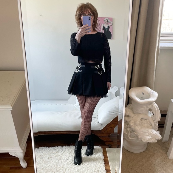 SOCIAL COLLISION BLACK BOX PLEAT MINI SKIRT TULLE RUFFLES SILVER STAR BUCKLES - Picture 13 of 13